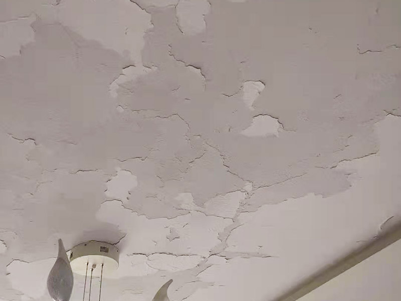 客廳天花板翻新：原有墻頂面有開發(fā)商粗略批蕩，局部肉眼就能看出凹凸不平的差距，有的施工隊(duì)為了趕工，施工方在做墻面找平時(shí)直接用膩?zhàn)佣鴽]用石膏粉，省了一道程序，結(jié)果造成膩?zhàn)訉犹?而膩?zhàn)又荒芷鸬阶屍矫孀兊闷秸饣淖饔?，而不能用?lái)找誤差較大墻面的平整，所以膩?zhàn)诱移奖容^厚的地方就會(huì)陸續(xù)的脫落。 乳膠漆施工溫度低，未能形成連續(xù)的涂膜而龜裂，遇水即會(huì)脫落;基層疏松，有油污等污物，涂膜與基層粘附不好，造成剝落;基層批刮膩?zhàn)訌?qiáng)度低，膩?zhàn)訉游锤赏讣赐克⑷槟z漆;基層過(guò)于平滑，以造成涂膜附著力不好。剝落：防范：施工前先觀察一